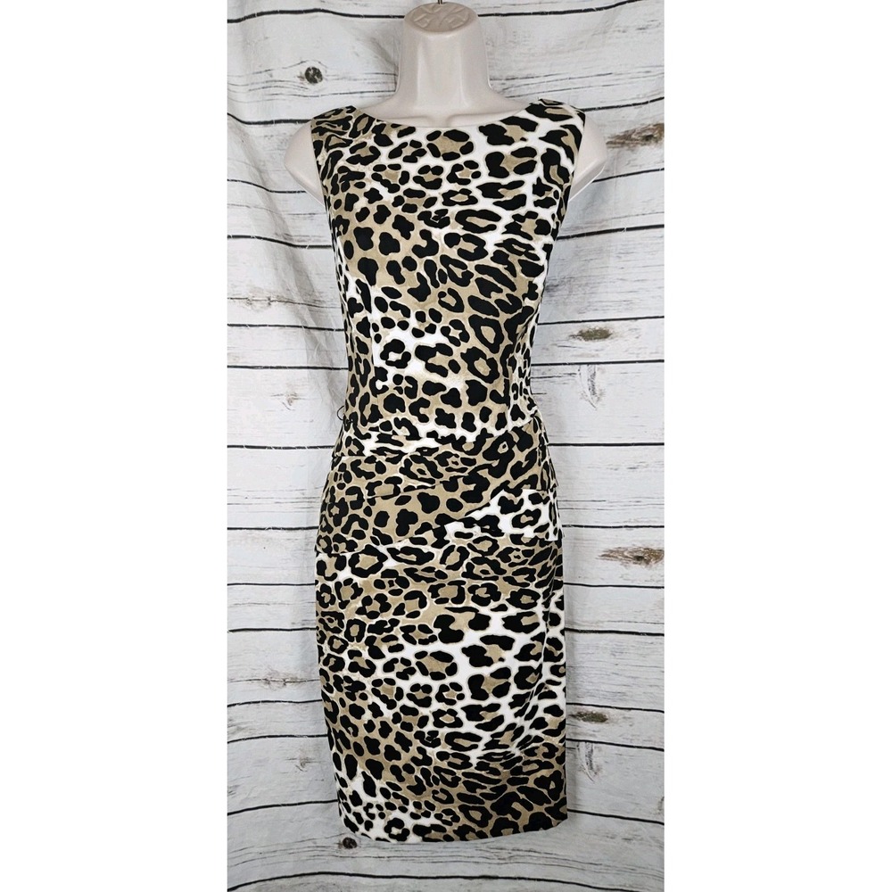 Vintage Cache Leopard Animal Print Dress 6 Y2K 90's Sheath Stretch Sleeveless